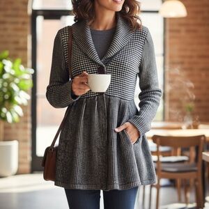 Adorable Knit Babydoll Cardigan Sweater Sz M Grey Ribbed Cozy Cute Shawl Collar